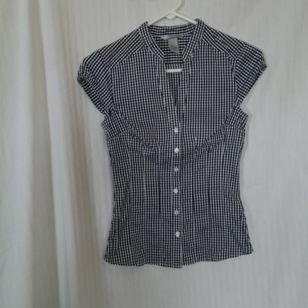 Blk & Wht gingham check short sleeve blouse NWOT